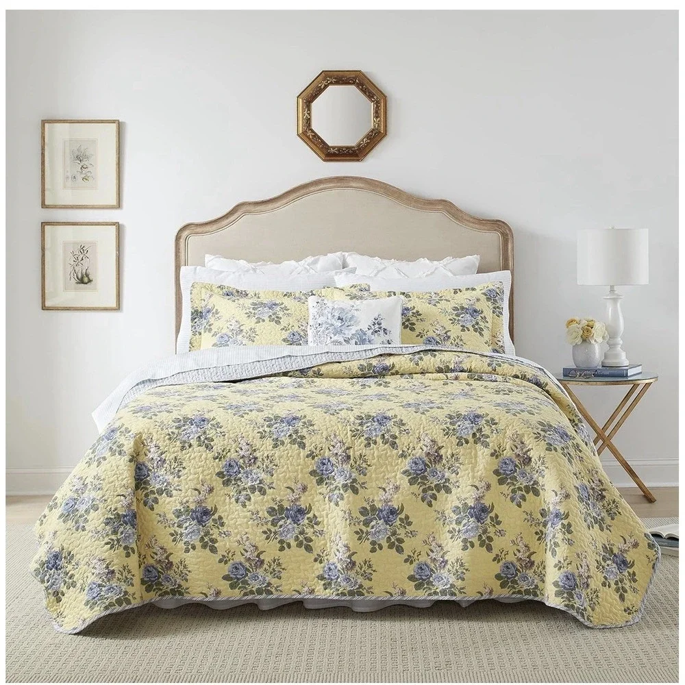 Laura Ashley Twin Quilt Set Reversible Cotton Bedding With Marching Sham Light